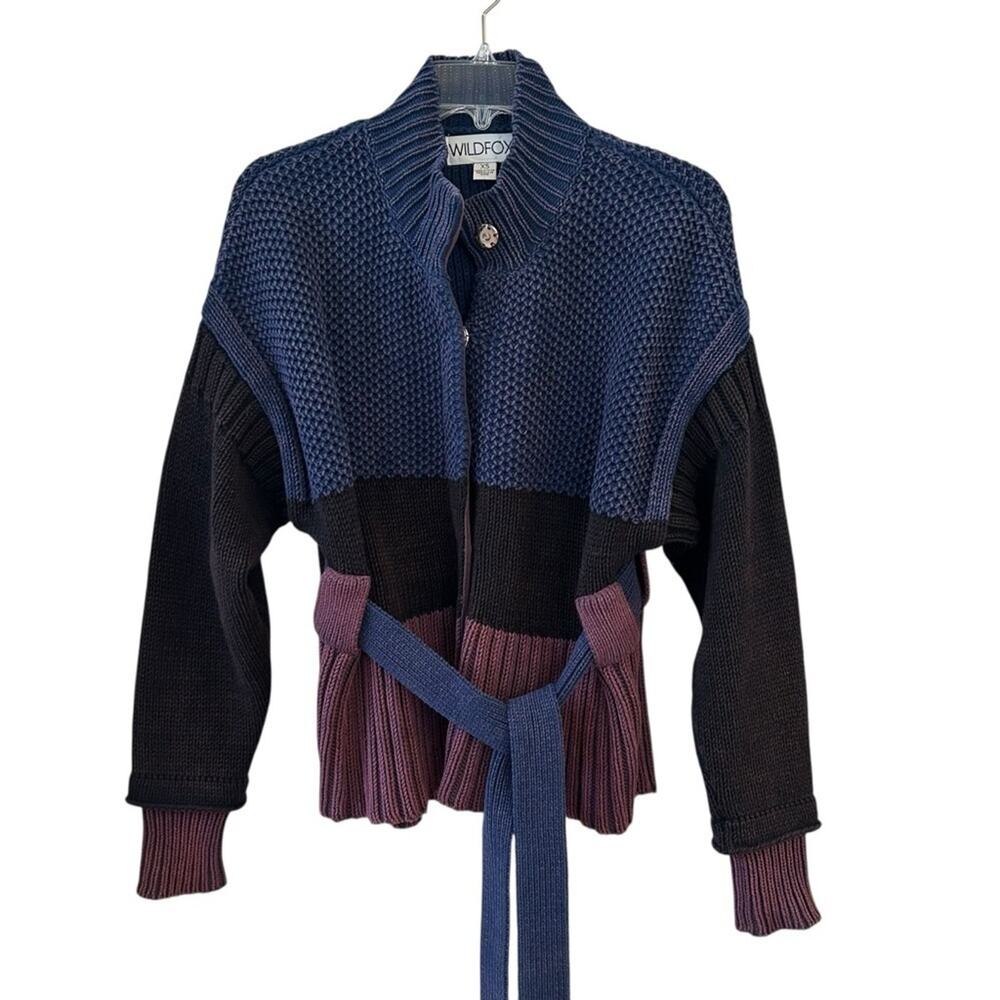 WILDFOX Chunky Knit Cardigan Sweater Belted Structured Colorblock Blue Purple